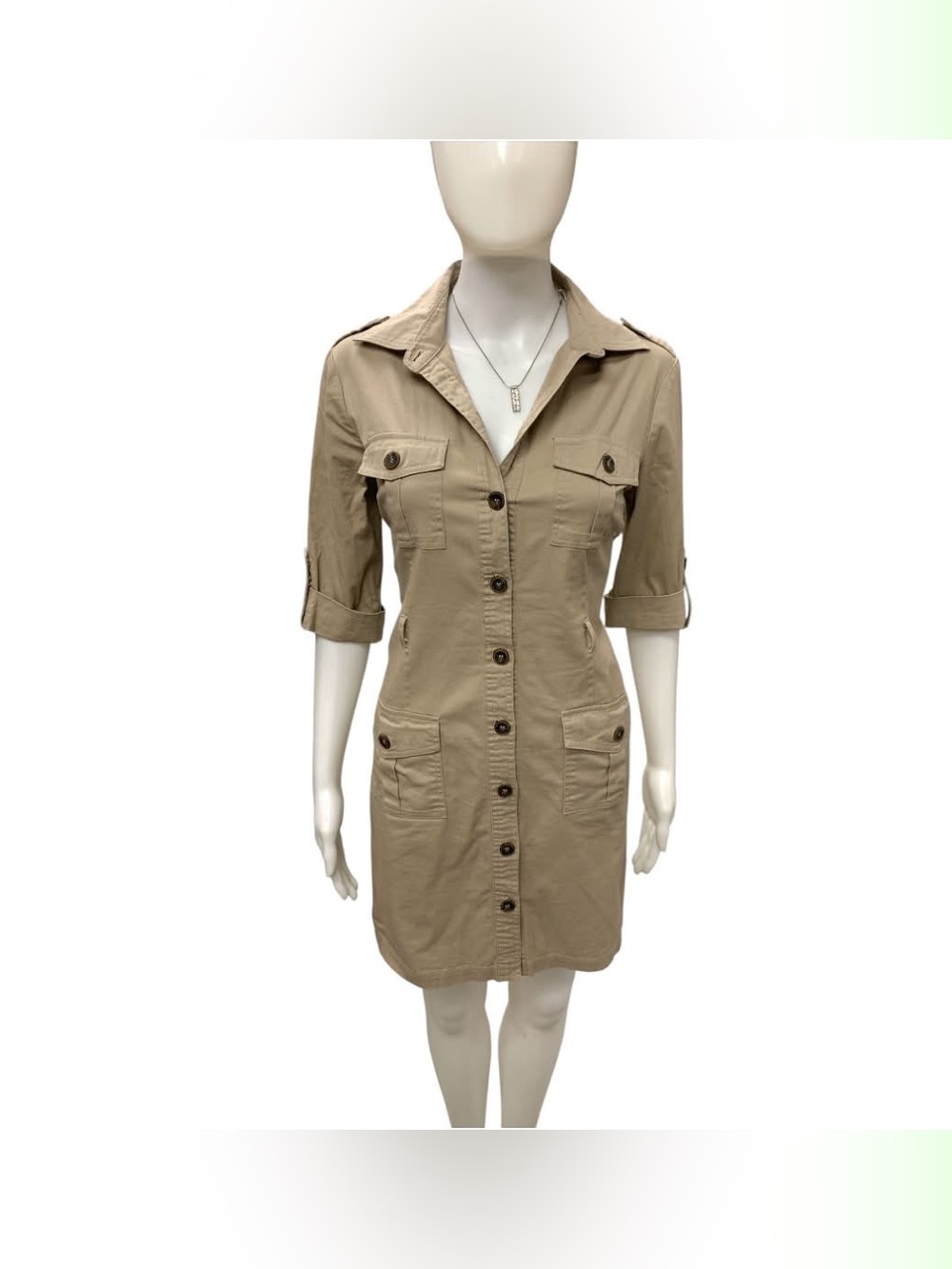 Suzy Shier Khaki Button-Front Utility Jacket Dress Size M